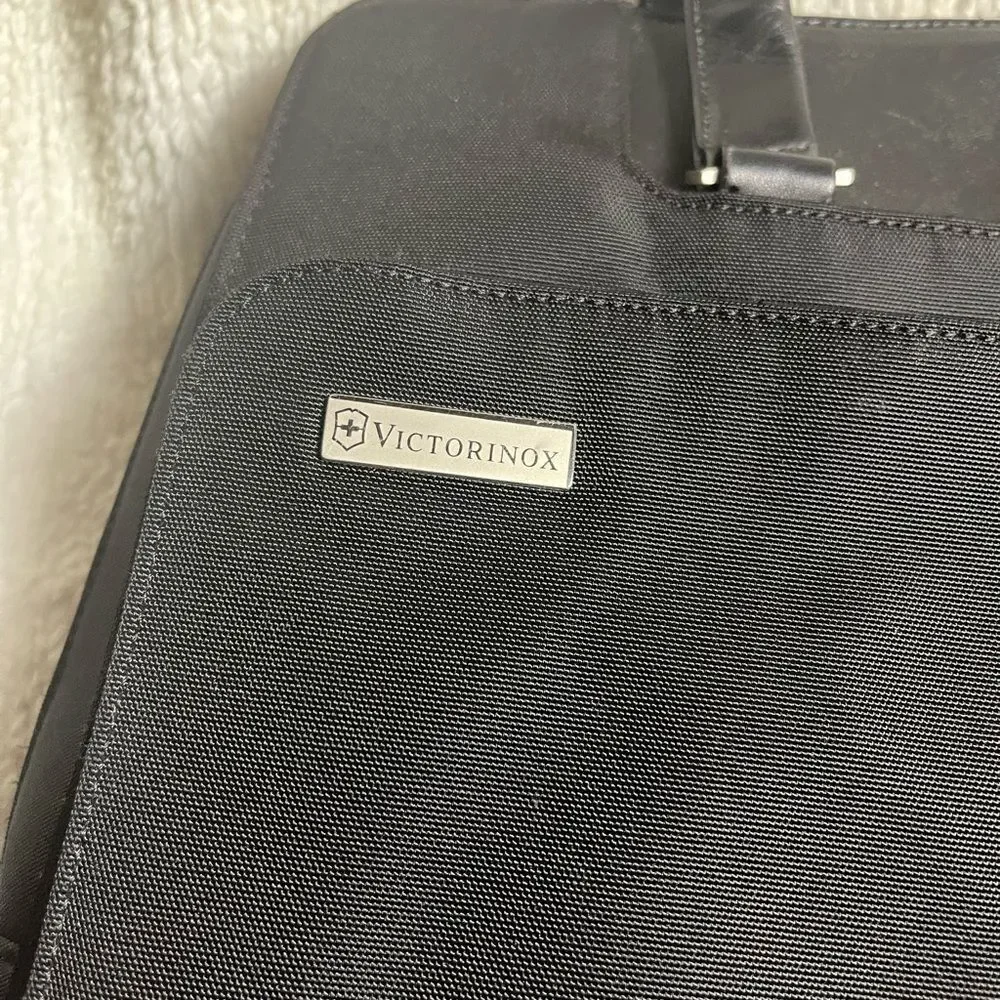Victorinox Swiss Black Canvas &leather laptop Bag Briefcase silver tone hardware